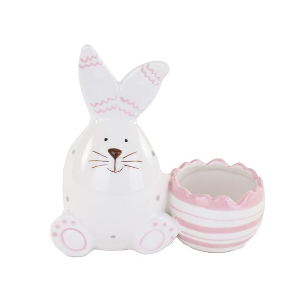 CONIGLIO CERAMICA C/CESTO 14,8X8,5 CM H.13,3 CM BIANCO/ROSA