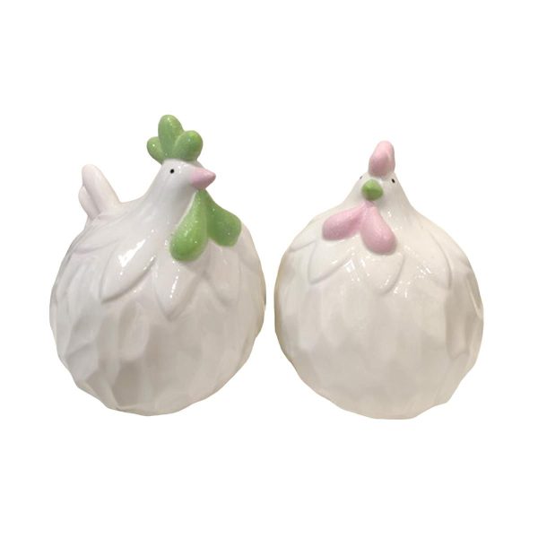 SET 2 GALLO/GALLINA IN CERAMICA 21,5X16,5 CM H.21 CM VERDE/ROSA
