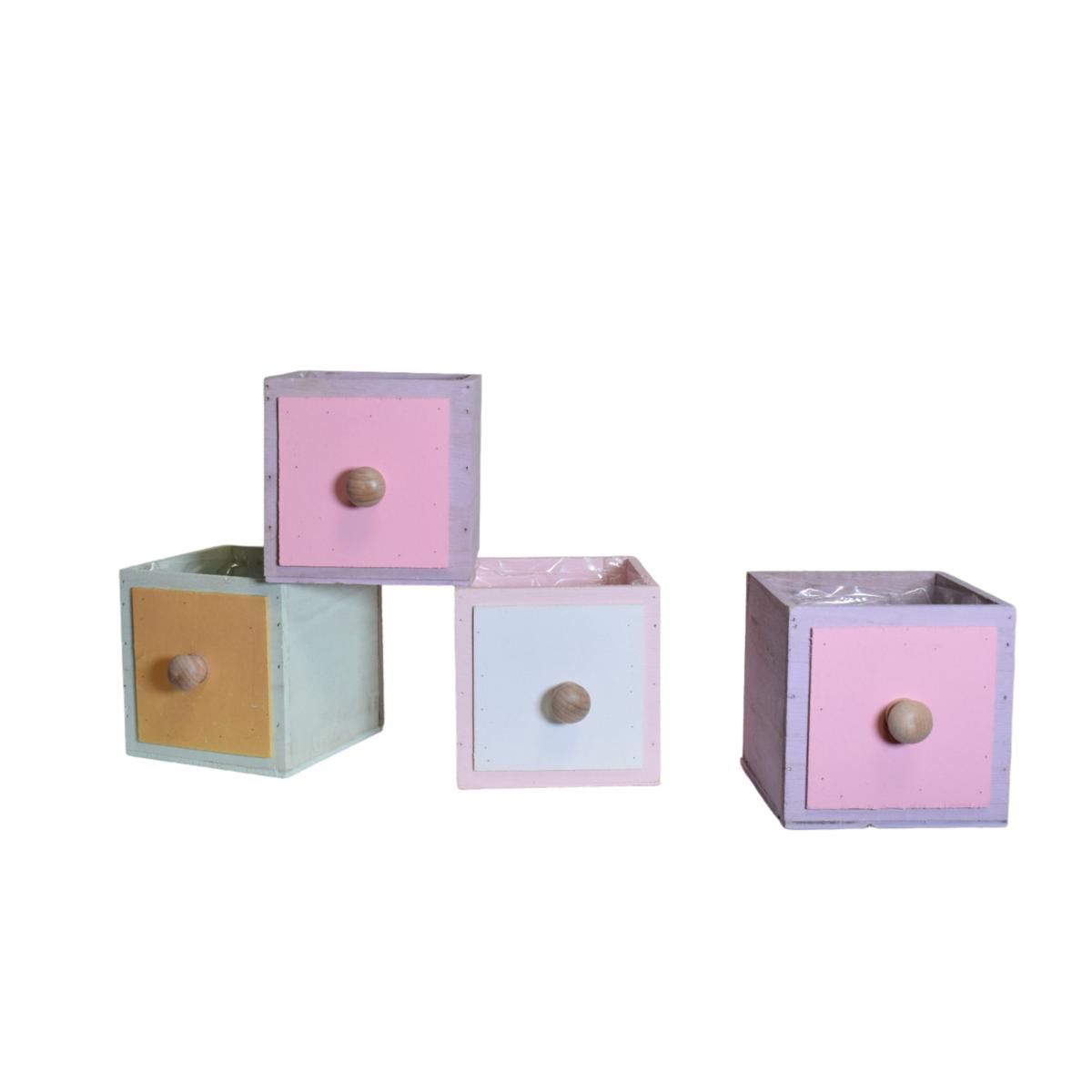 SET 4 CASSETTI LEGNO 12X12 H.12 CM ASSOR. ROSA/LILLA/VERDE SET 4 CASSETTI LEGNO 12X12 H.12 CM ASSOR. ROSA/LILLA/VERDE