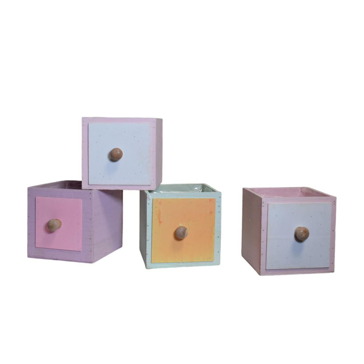 SET 4 CASSETTI LEGNO 14X14 H.14 CM ASSOR. ROSA/LILLA/VERDE SET 4 CASSETTI LEGNO 14X14 H.14 CM ASSOR. ROSA/LILLA/VERDE