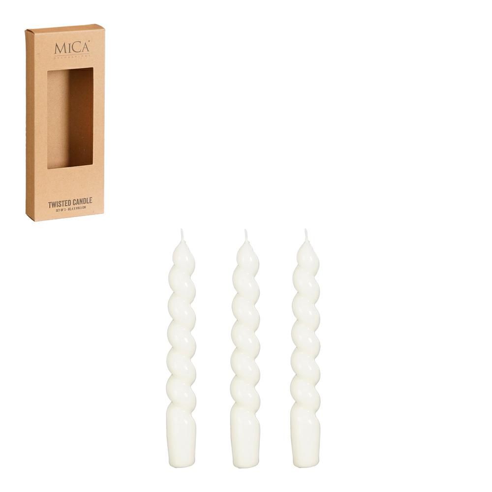 SET 3 CANDELE CONICHE TWISTED D.2,5 CM H.18,5 CM BIANCO