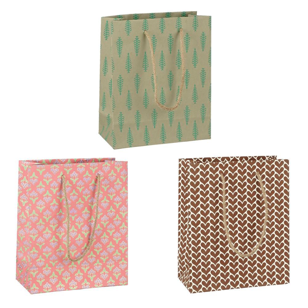 SET 3 SHOPPERS CARTA C/FOGLIE E FIORI 25X21CM MARRONE/ROSA/VERDE