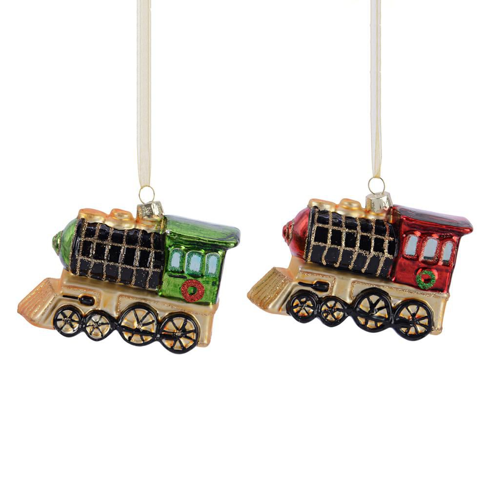 SET 2 TRENI VETRO D/APPENDERE 10,5X4,5 CM H.8 CM VERDE/ROSSO/ORO