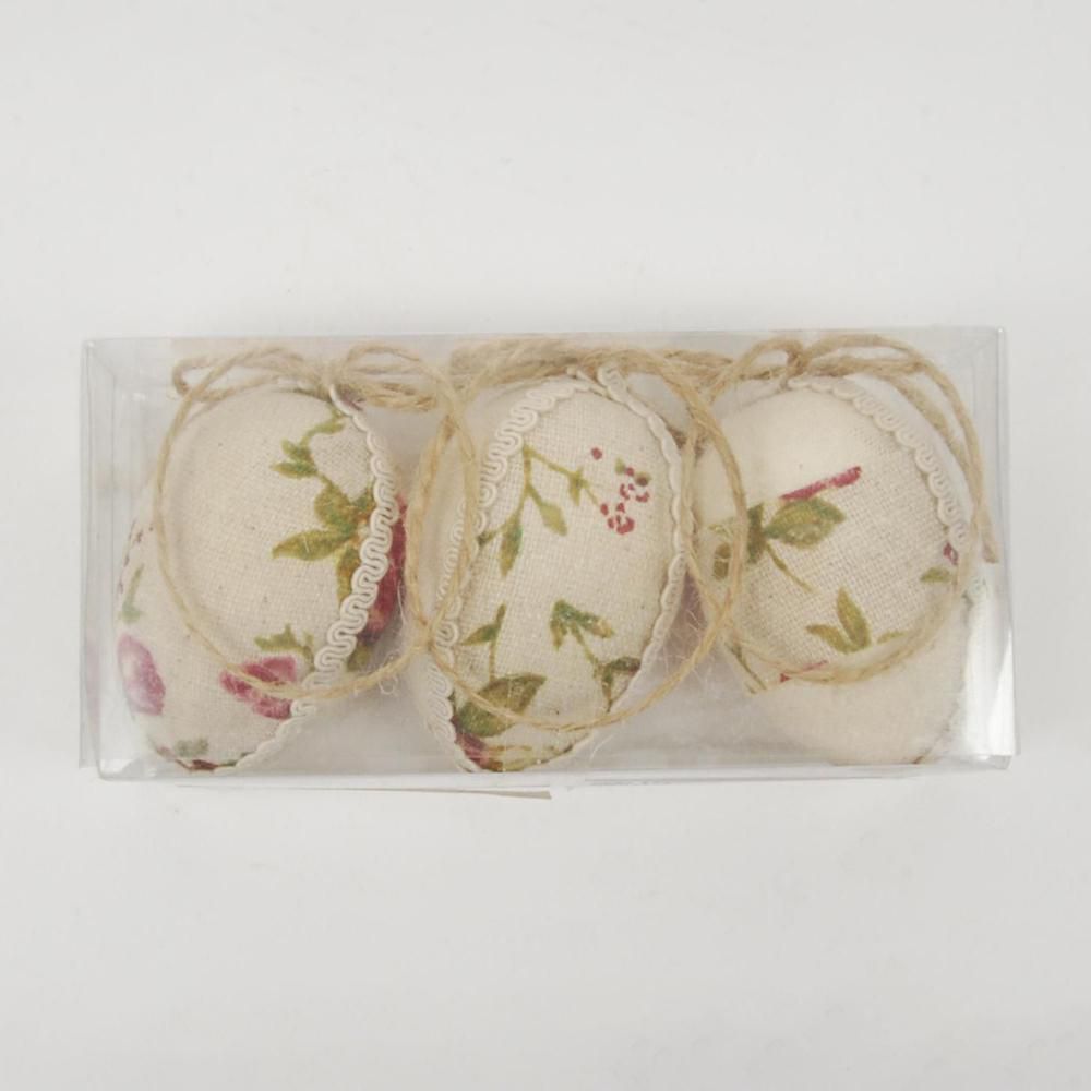 SET 3 UOVA TESSUTO C/FIORI D/APPENDERE 13X4X6 CM NATURALE DS