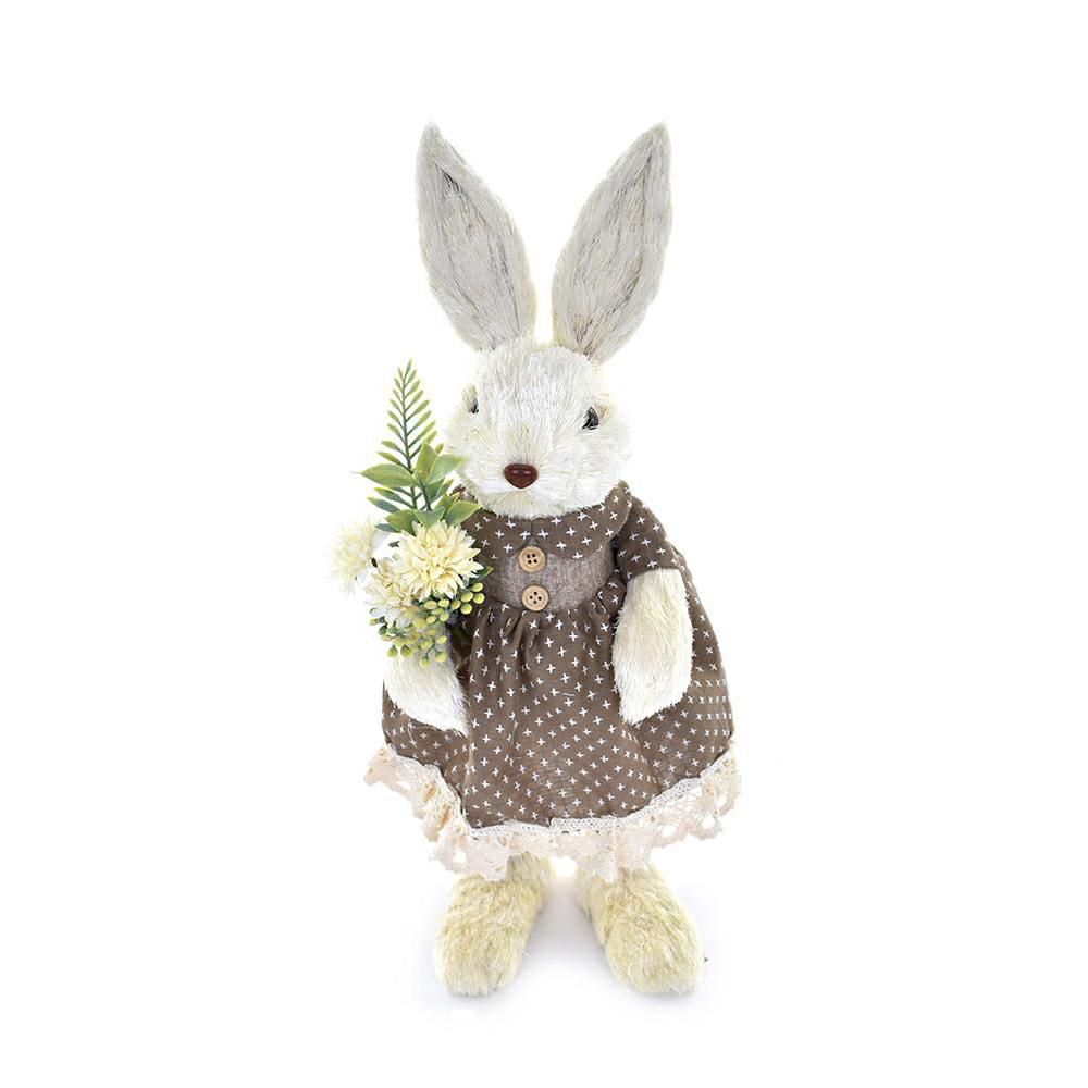 CONIGLIO PAGLIA/STOFFA C/ABITO E PIANTA H.41 CM BIANCO/MARRONE