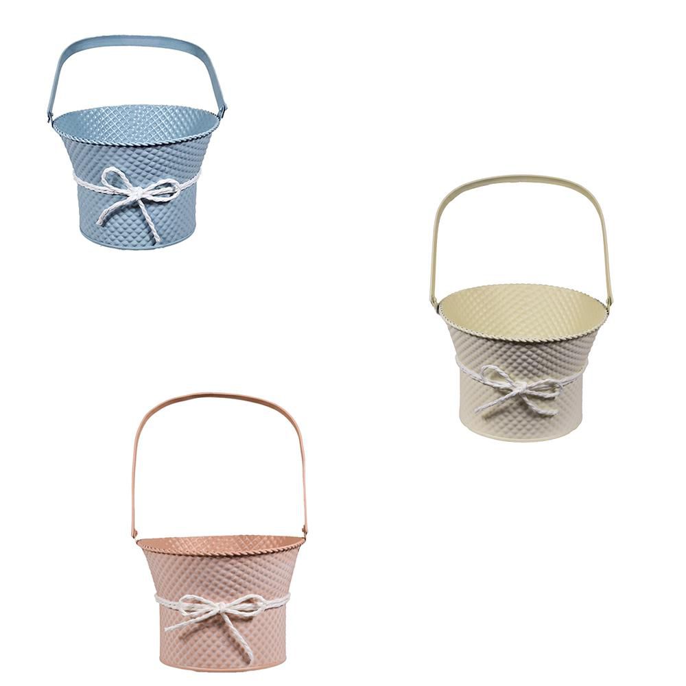 SET 3 VASI C/MANICO LATTA D.18 CM H.13,5 CM AZZURRO/BEIGE/ROSA