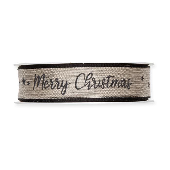 NASTRO LINO -MERRY CHRISTMAS- 25MM 15MT NATURALE/NERO