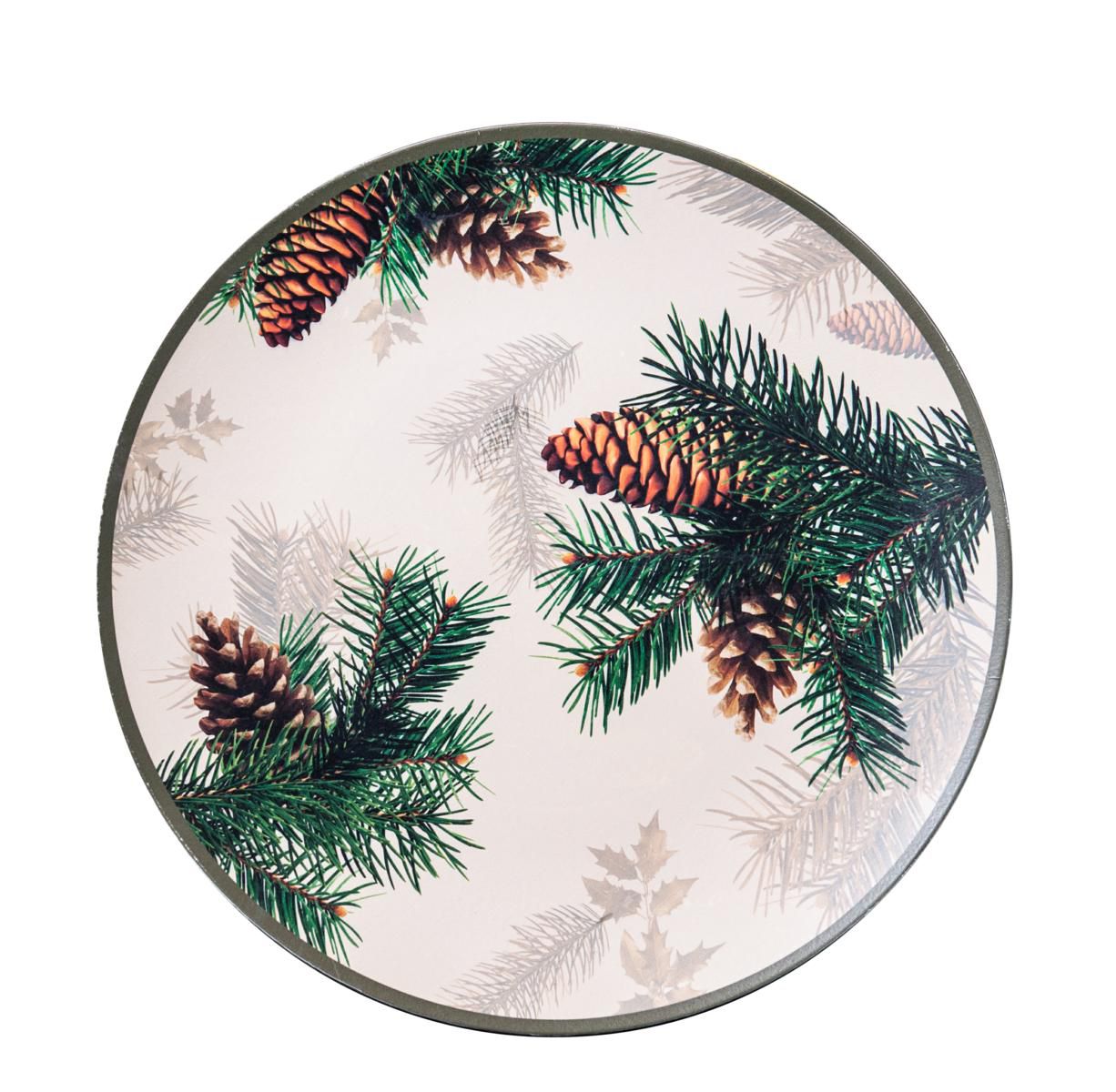 PIATTO POLIRESINA D.33 CM -PIGNE- BIANCO/MARRONE/VERDE
