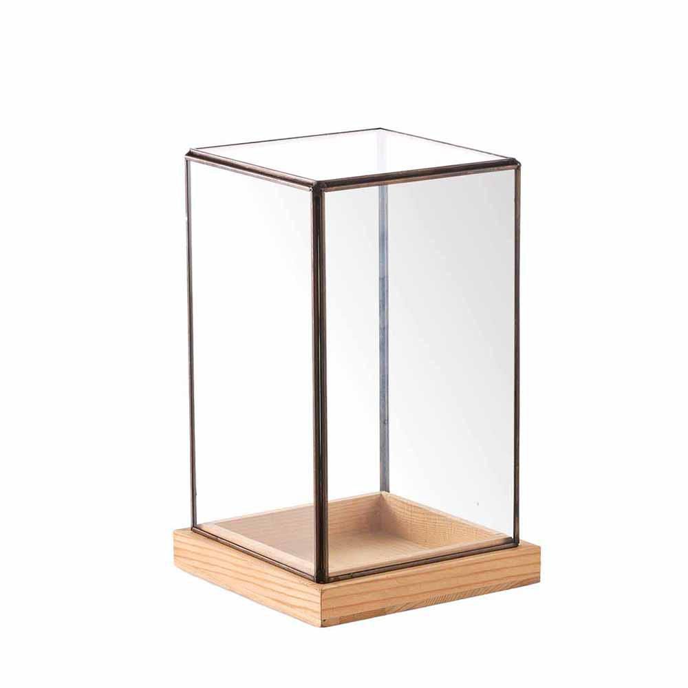 TECA VETRO/METALLO QUADRATA C/BASE IN LEGNO 18X18 H.30 CM NERO