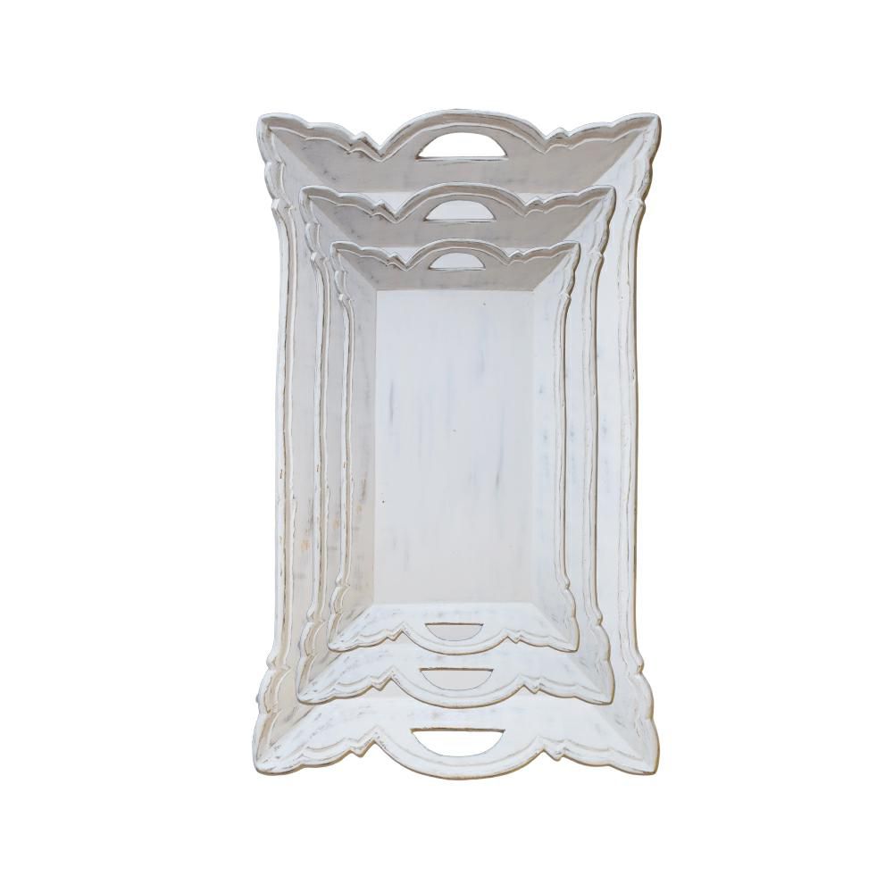 SET 3 VASSOI LEGNO 45X25X3,5 50X30X3,5 56X35X3,5 CM CREMA ANTICO