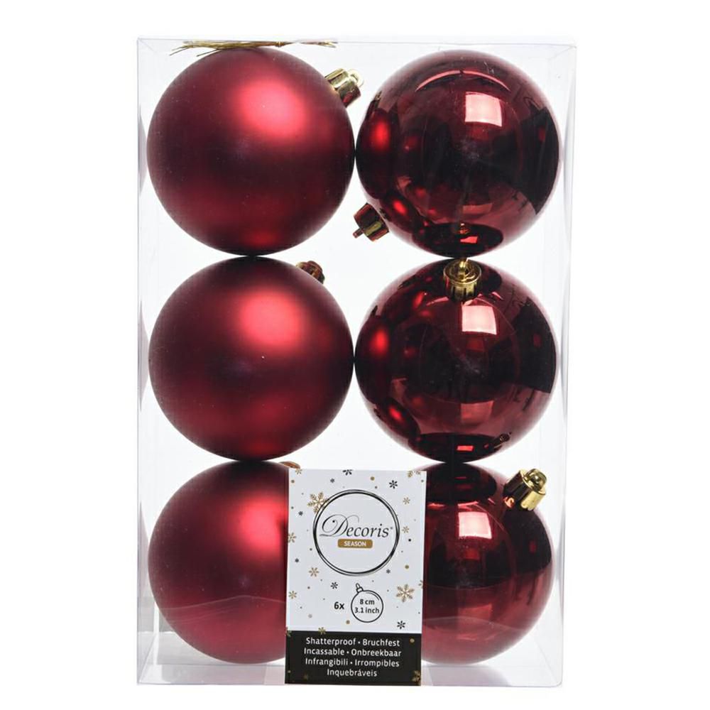 SET 6 SFERE POLY MM.80 ASS. LUCIDO/SATINATO BORDEAUX