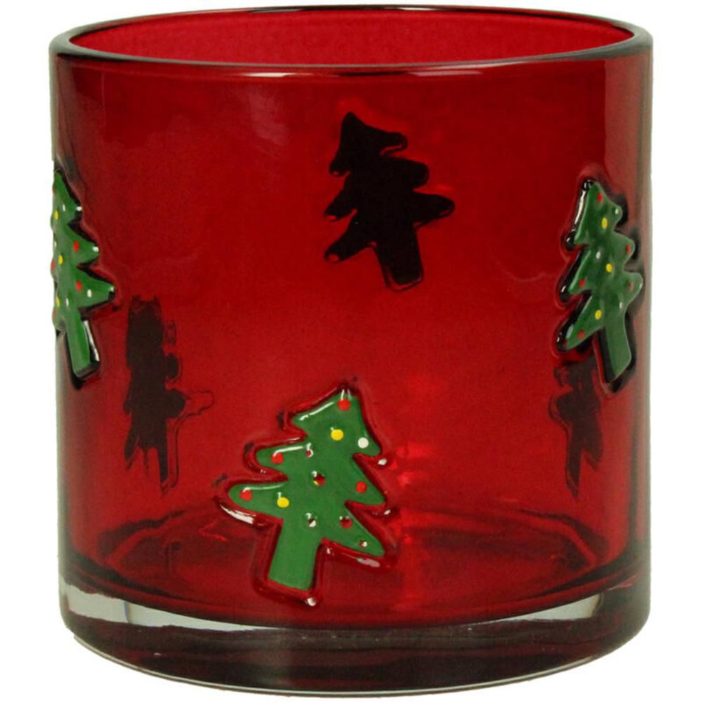 PORTATEALIGHT VETRO C/ALBERI 10X10 CM H.10 CM ROSSO/VERDE