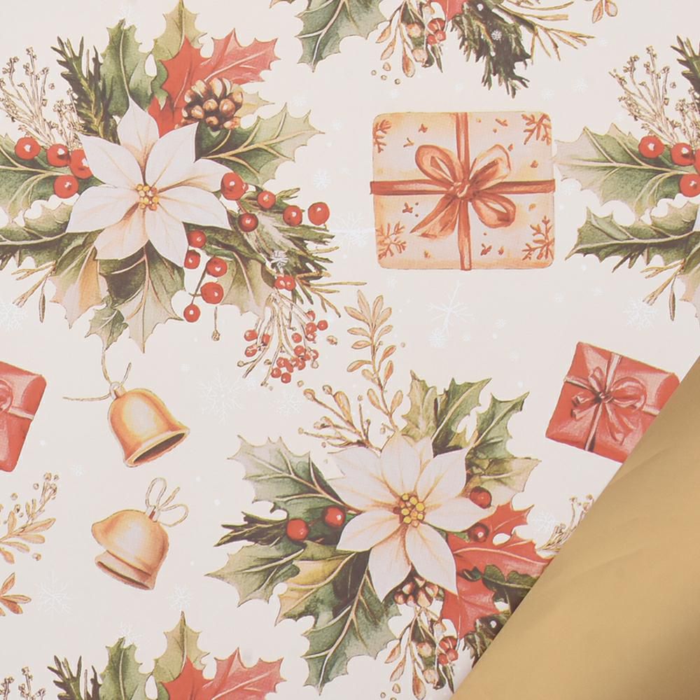 BOBINA PPL C/STELLE E AGRIFOGLIO 1X25 MT -JINGLE BELLS-PANNA/ORO