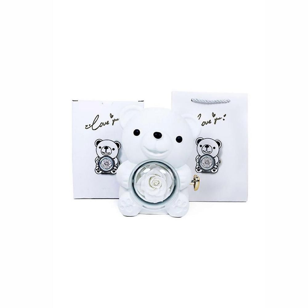 ORSO C/ ROSA STABILIZZATA 17X12,5X 12,5 CM H.16 CM BIANCO