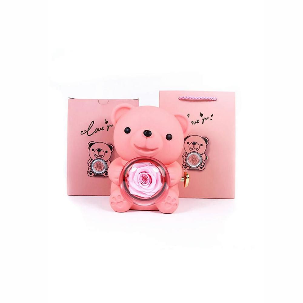 ORSO C/ ROSA STABILIZZATA 17X12,5X 12,5 CM H.16 CM ROSA