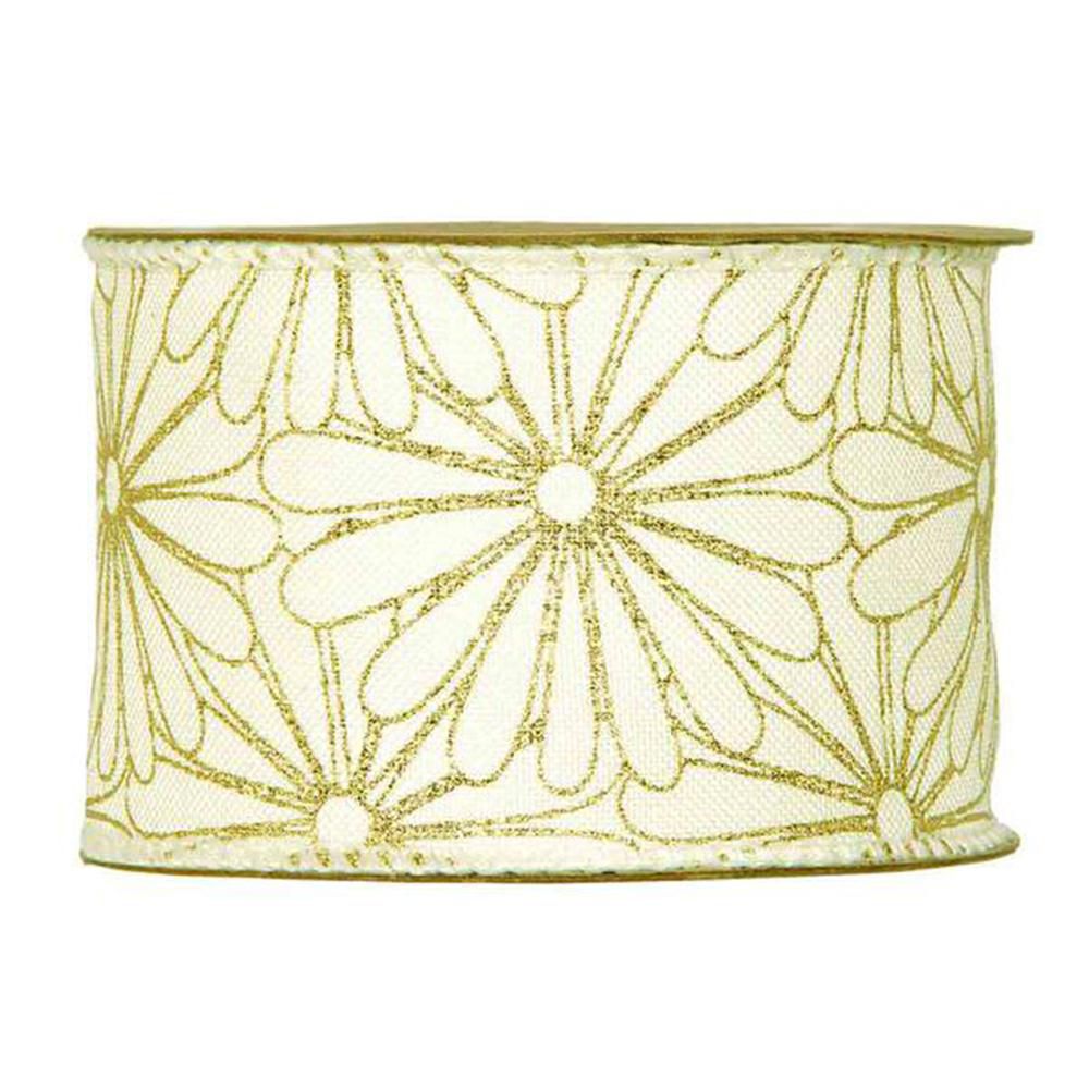 NASTRO CANVAS C/FIORI -DAISES- 63MM 10MT BIANCO/ORO