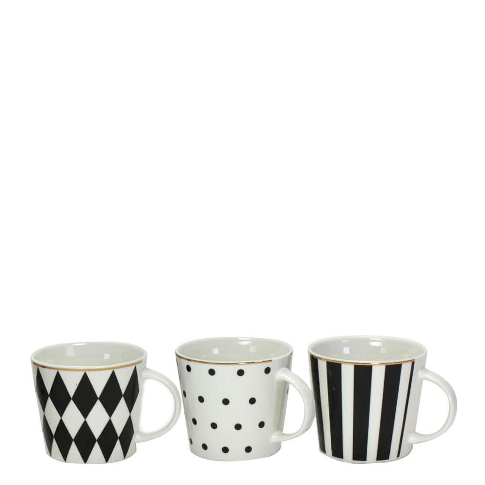 SET 3 TAZZE MUG PORCELLANA D.10 CM H.9 CM BIANCO/ORO BIANCO/NERO