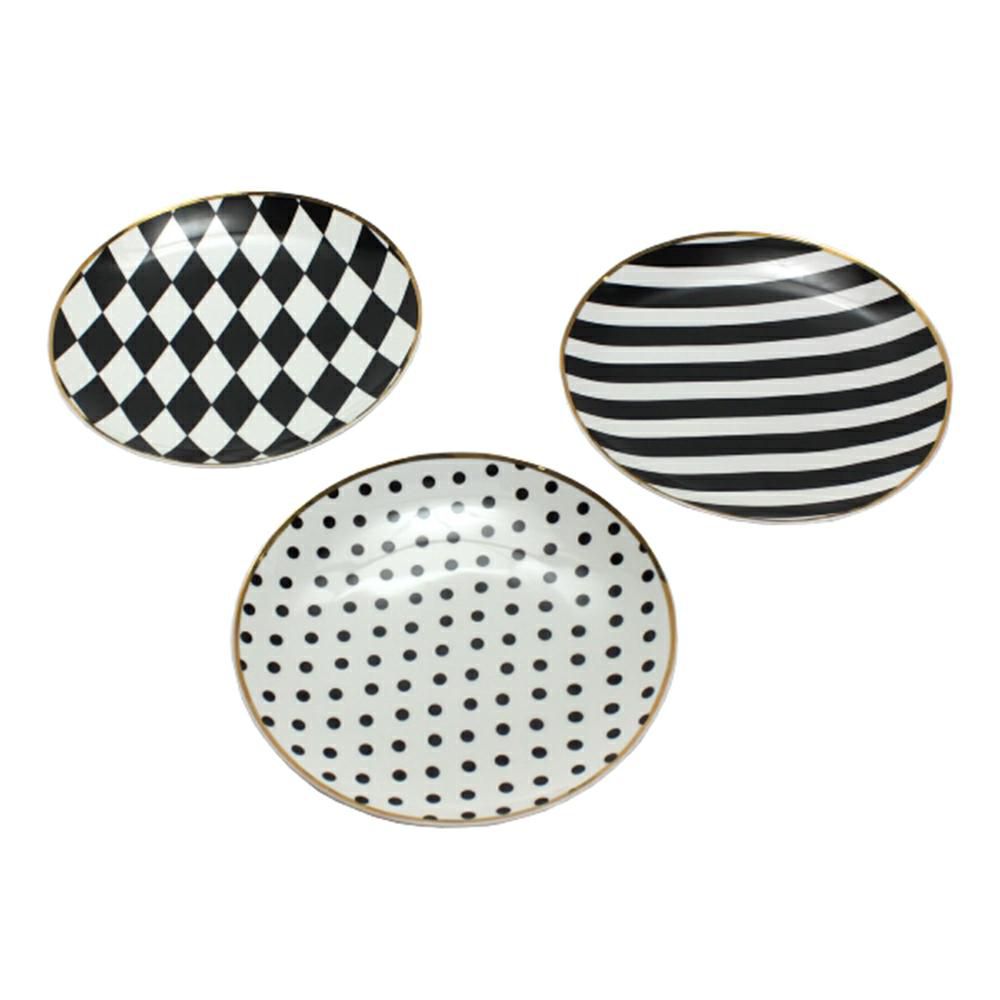 SET 3 PIATTINI PORCELLANA D.20 CM BIANCO/ORO BIANCO/NERO