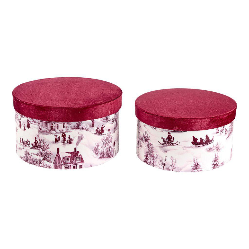 SET 2 SCATOLE VELLUTO C/PAESAGGIO D.28-26 CM H.16-14 CM BURGUNDY