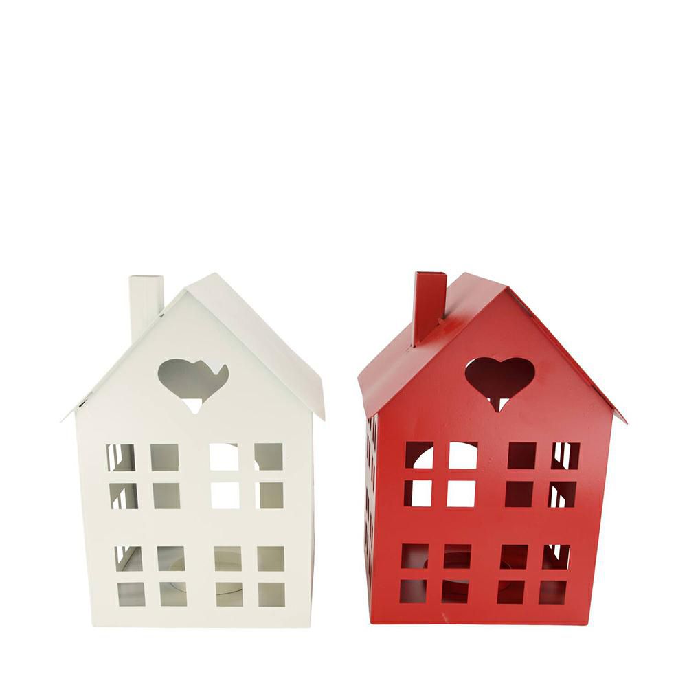 SET 2 LANTERNE CASA METALLO 21X20 H.28 CM BIANCO/ROSSO