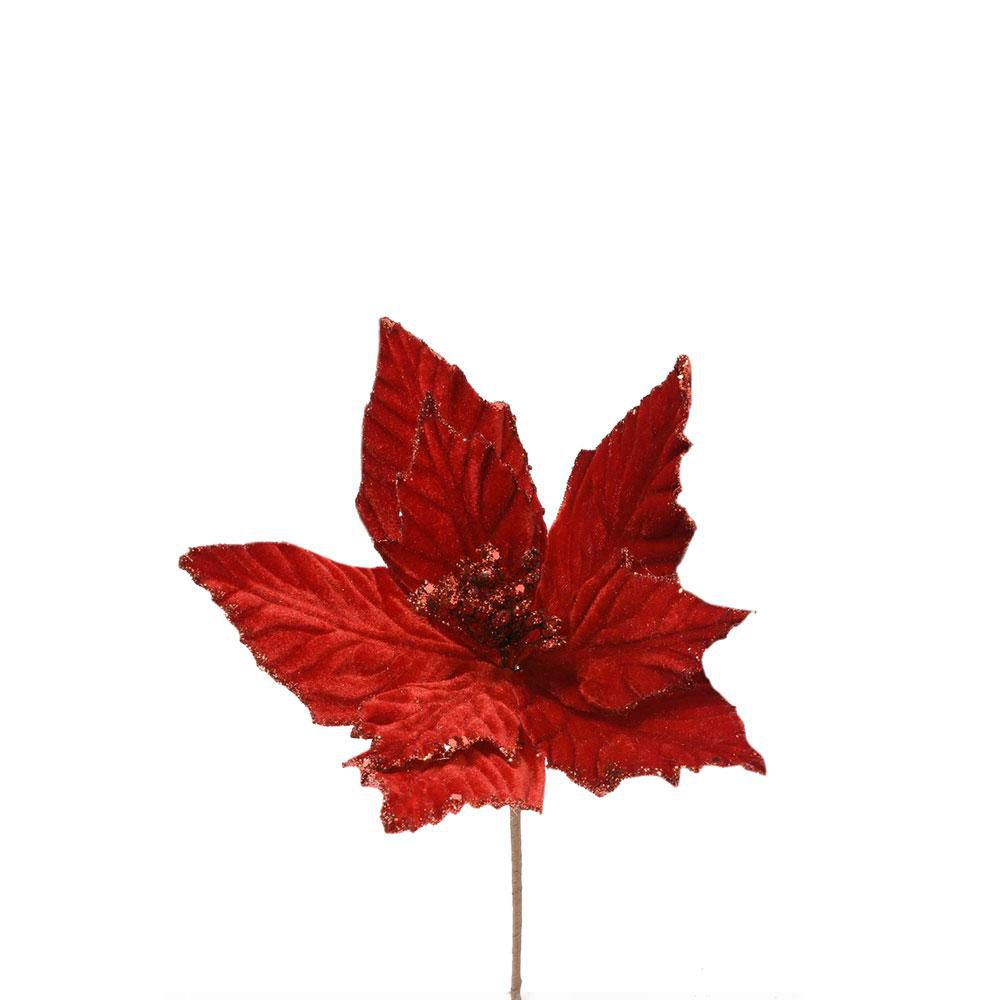 SET 6 POINSETTIA PICK VELLUTO CM.34 C/GLITTER ROSSO