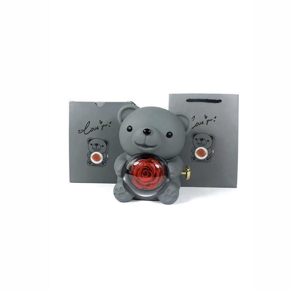 ORSO C/ ROSA STABILIZZATA 17X12,5X 12,5 CM H.16 CM GRIGIO