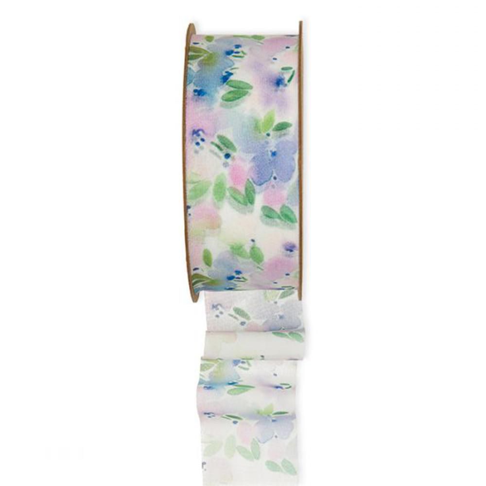 NASTRO CHIFFON 40MM 15MT -WATERCOLOUR FLOWERS- BLU/ROSA/VERDE