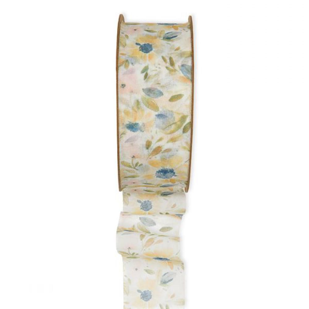NASTRO CHIFFON 40MM 15MT -WATERCOLOUR FLOWERS- GIALLO/VERDE/BLU