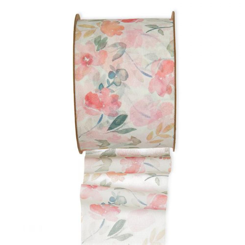 NASTRO CHIFFON 70MM 15MT -WATERCOLOUR FLOWERS- PESCA/ROSA/VERDE