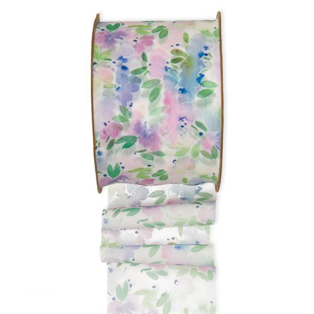 NASTRO CHIFFON 70MM 15MT -WATERCOLOUR FLOWERS- BLU/ROSA/VERDE