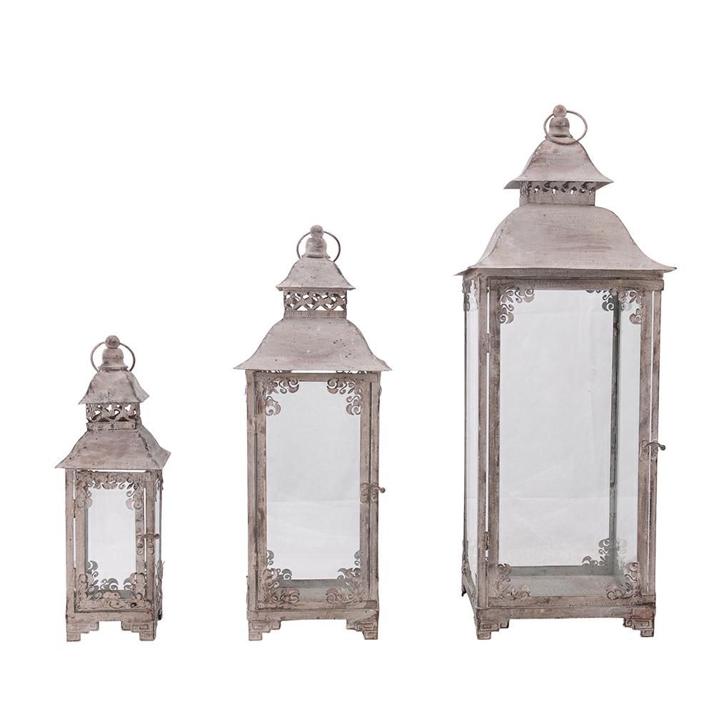 SET 3 LANTERNE METALLO 16-22-28X16-22-28 H.41-56-77 CM ANTICATO