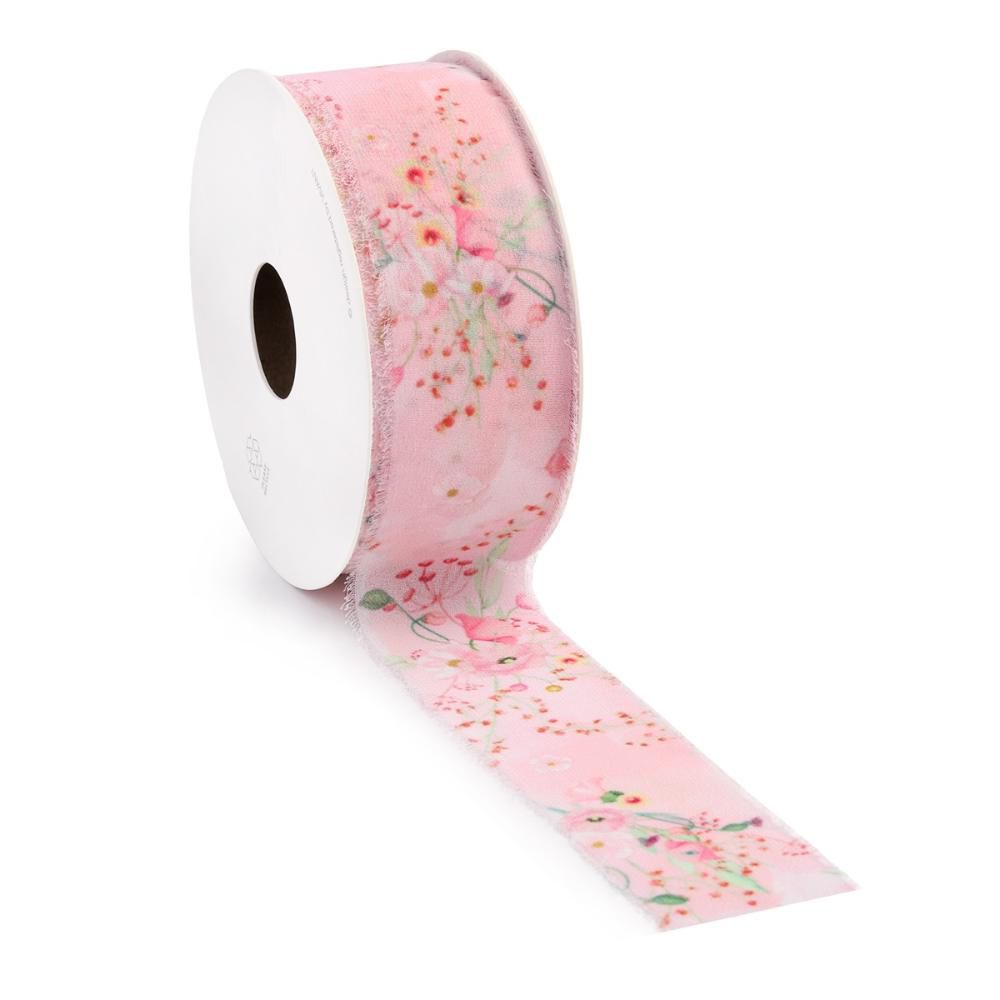 NASTRO TESSUTO C/FIORI 40MM 10MT -ROMANTICA RAW- ROSA/BIANCO