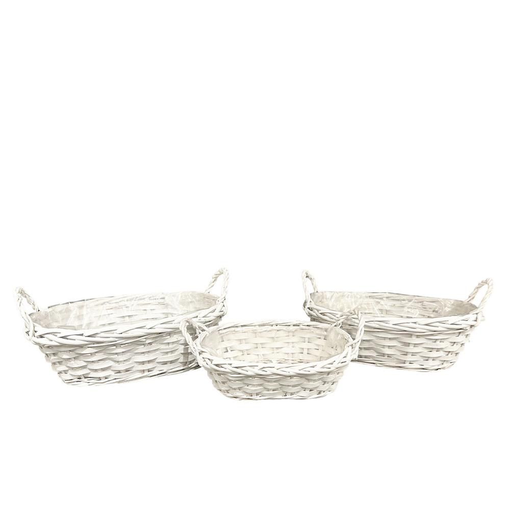 SET 3 CESTI OVALI C/MANICI 38-30-22X26-18-13 H.10-9-7 CM BIANCO
