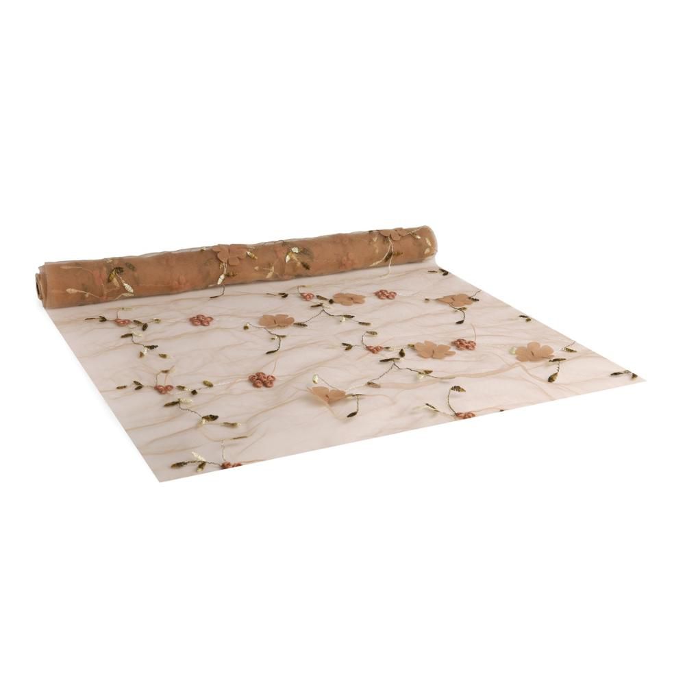RUNNER TULLE C/FIORI 43CM 2,5MT -BOHEMINE- MARRONE/BEIGE/NUDE