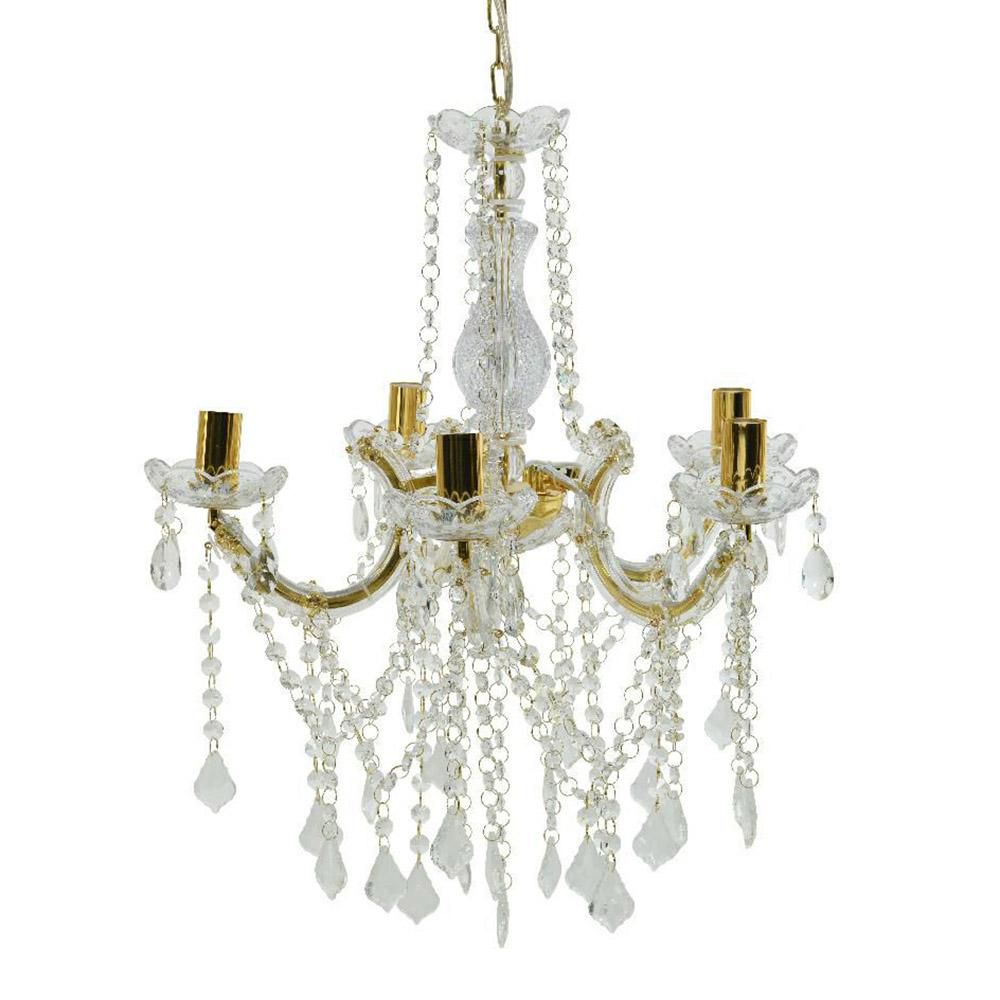 LAMPADARIO VETRO -5 FUOCHI- D.50 CM H58 CM TRASPAR./ORO