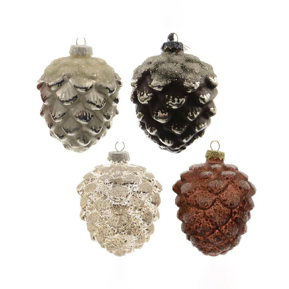 SET 4 PIGNE VETRO H.10 CM GLITTER AVORIO/PLATINO/NERO/MARRONE