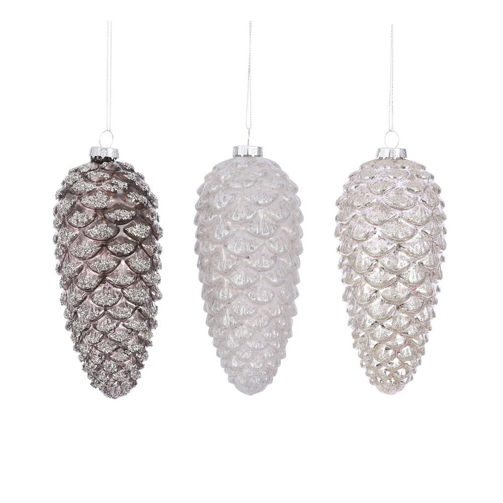 SET 3 PIGNE D/APP. D.7 CM H.16 CM CHAMPAGNE/BIANCO/ARGENTO SET 3 PIGNE D/APP. D.7 CM H.16 CM CHAMPAGNE/BIANCO/ARGENTO
