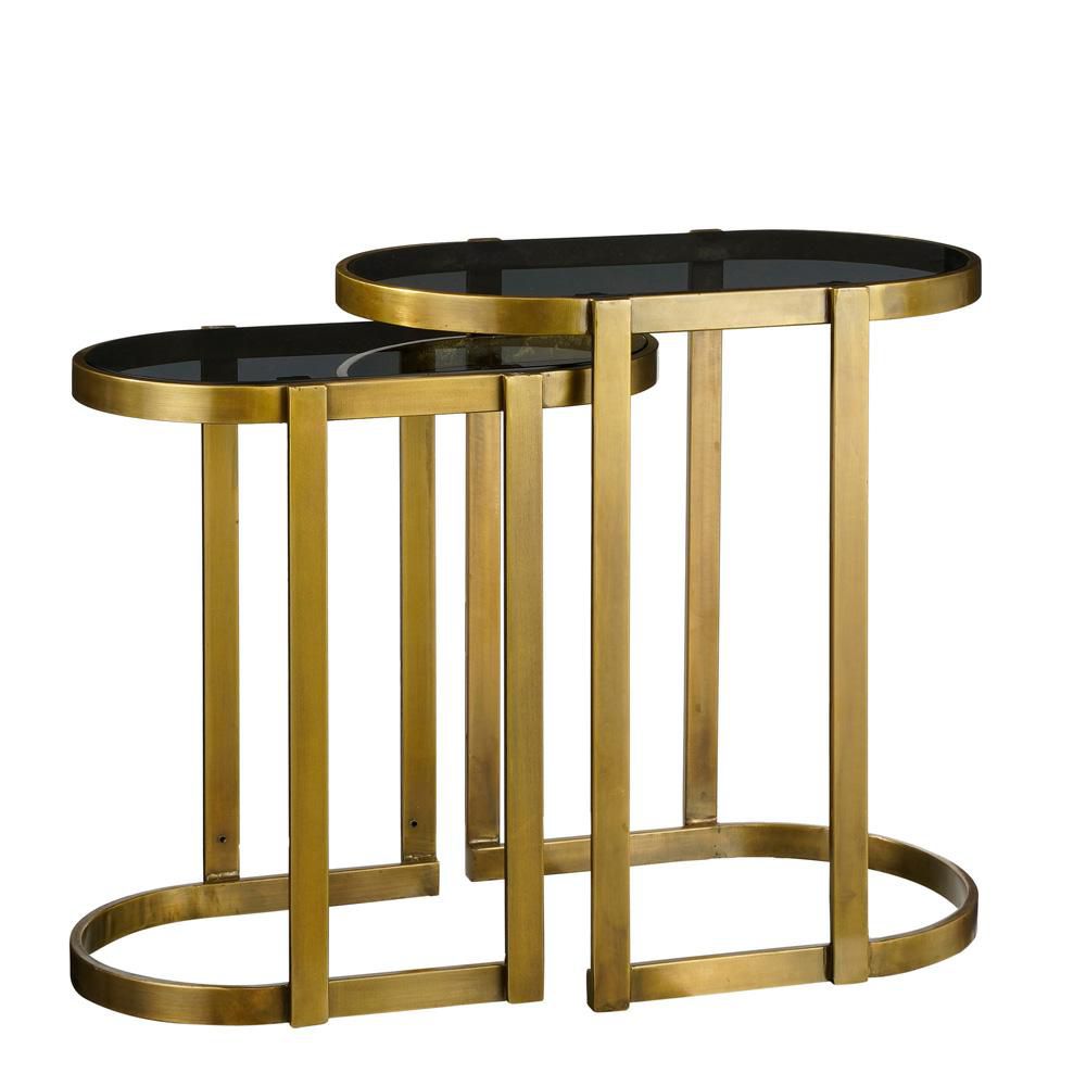 SET 2 TAVOLI METALLO 28-34X48-54 CM H.50-56 CM ORO ANTICATO/NERO