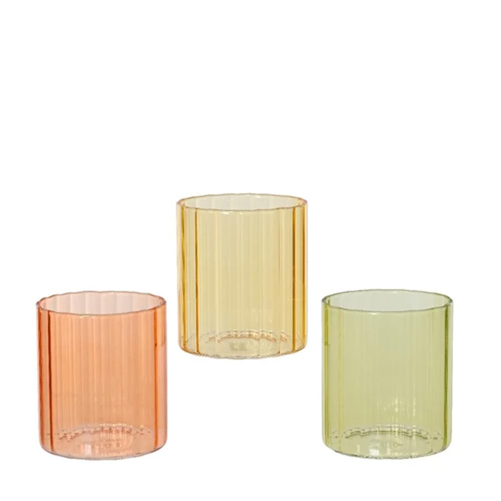 SET 3 BICCHIERI VETRO D.8 CM H.9 CM ARANCIONE/GIALLO/VERDE