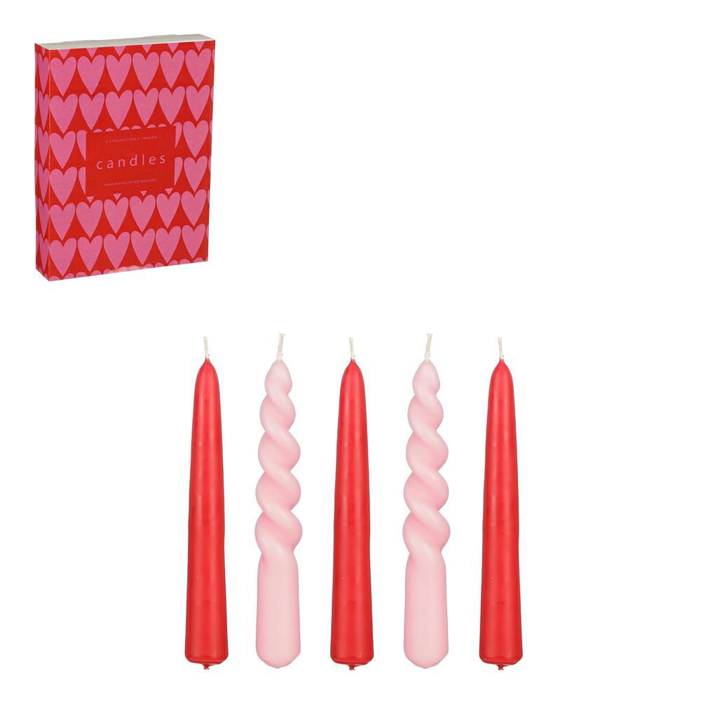 SET 5 CANDELE 3 CONICHE+ 2 TWISTED D.2,2 CM H.15 CM ROSSO/ROSA