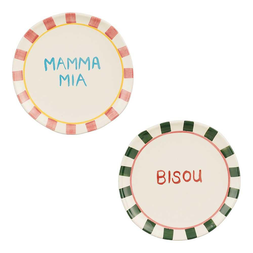 SET 2 PIATTI CERAMICA C/SCRITTA D.21 H.2 CM -BLISS- VERDE/ROSA