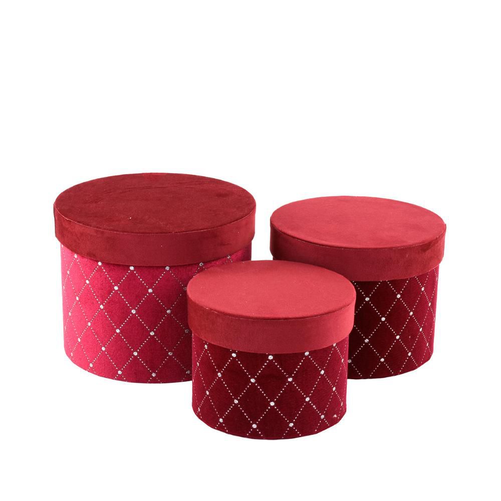 SET 3 SCATOLE CILINDRICHE C/BRILLANTINI BORDEAUX
