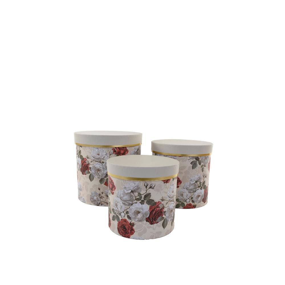 SET 3 SCATOLE ROTONDE C/FIORI D.19,5/17,5/15,5 H.19/17/15 BEIGE