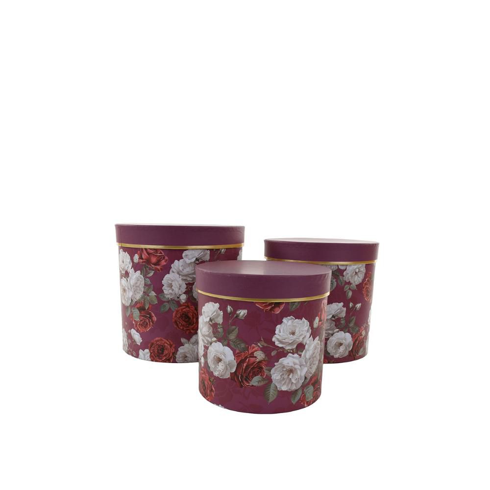 SET 3 SCATOLE ROTONDE C/FIORID.19,5/17,5/15,5H.19/17/15 BORDEAUX