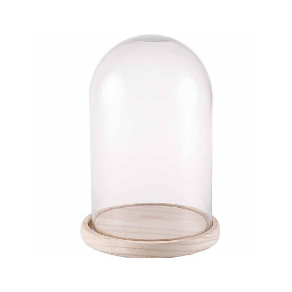 CAMPANA VETRO C/PIATTO LEGNO D.15 CM H.25 CM VETRO/NATURALE