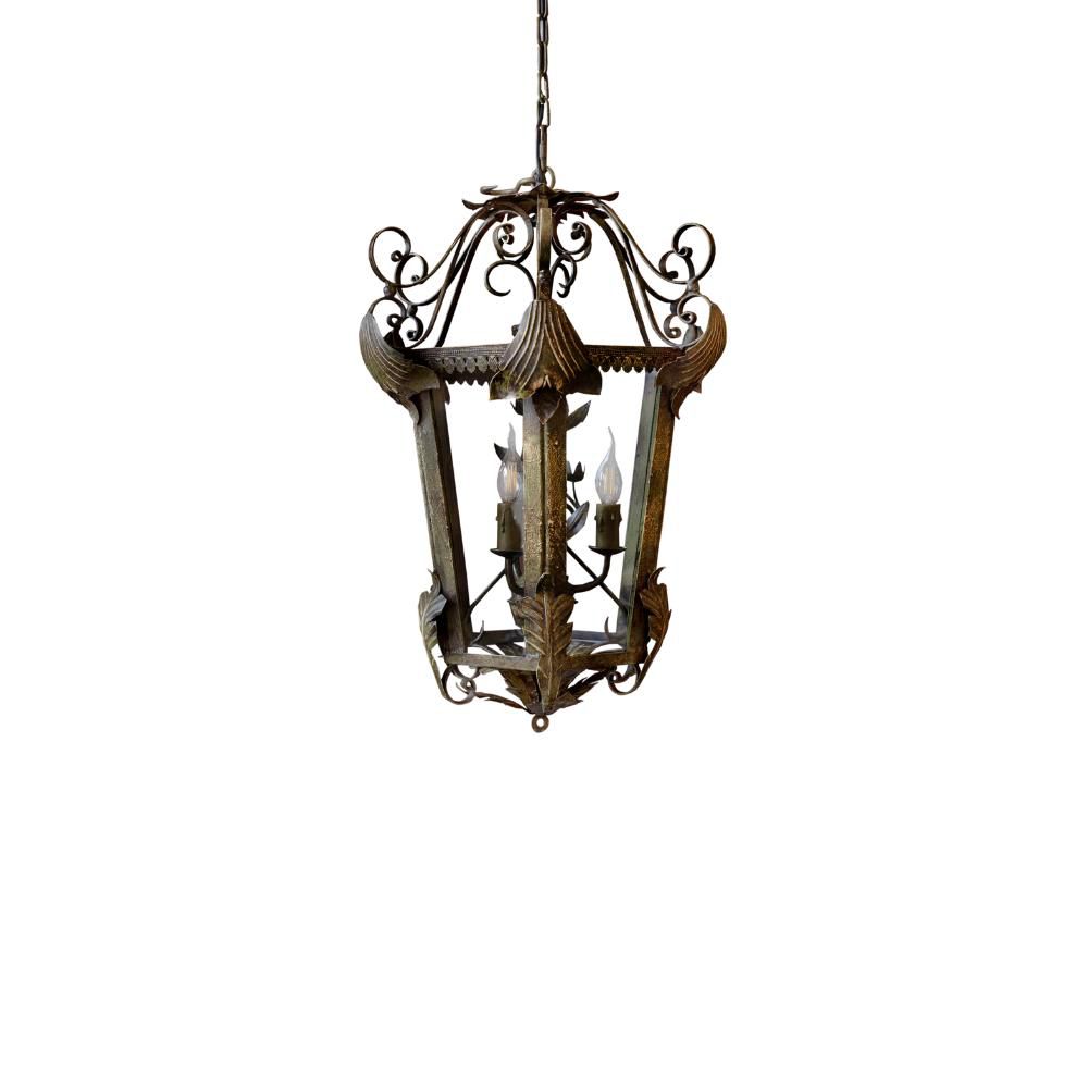 LAMPADARIO LANTERNA ESAGONALE 3 L. FERRO BAT. D.40 H.72 VERDE IN