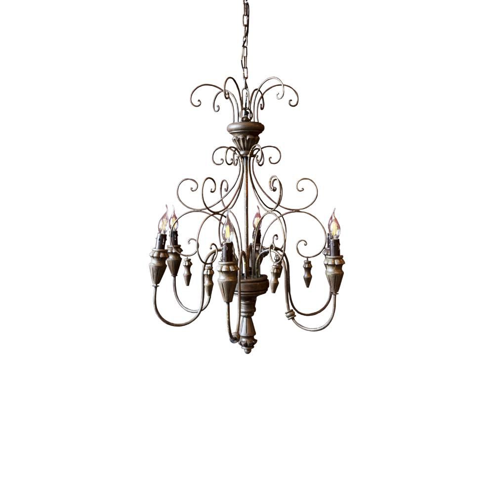 LAMPADARIO FERRO BATT./LEGNO 6 FUOCHI D.74H.91CM GRIGIO ANTICATO