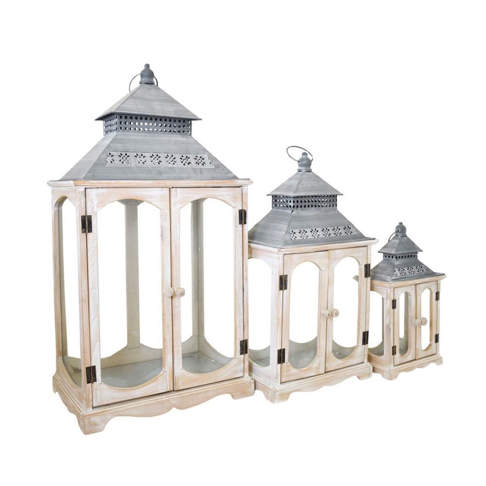 SET 3 LANTERNE LEGNO RETT.22X13X39 31X20X57 41X26X76 BIANCO WASH