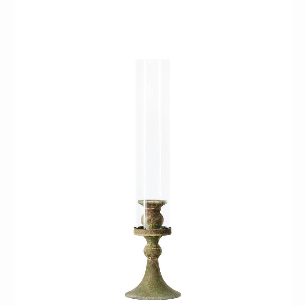 CANDELIERE METALLO C/PARAFIAMMA D.9,5CM H.41CM (S) PATINA VERDE