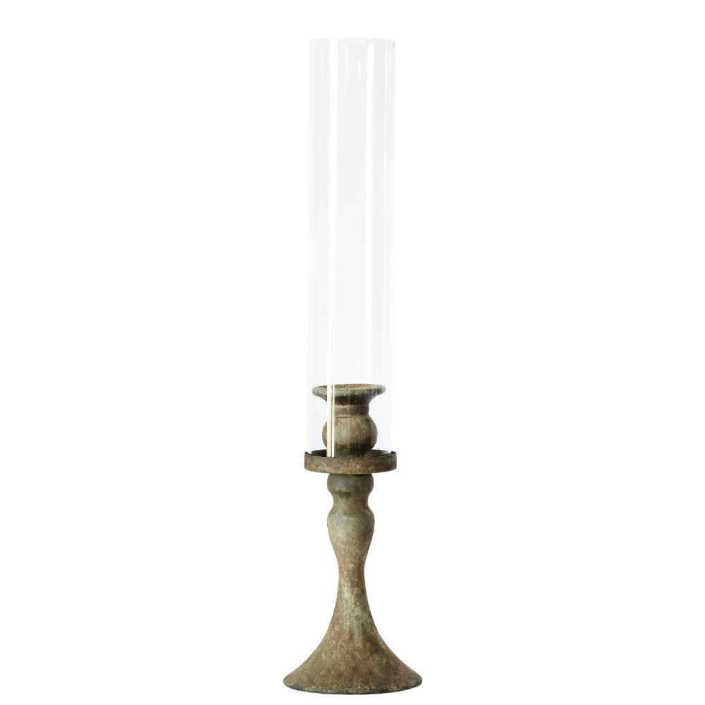 CANDELIERE METALLO C/PARAFIAMMA D.10 CM H.45 CM (M) PATINA VERDE